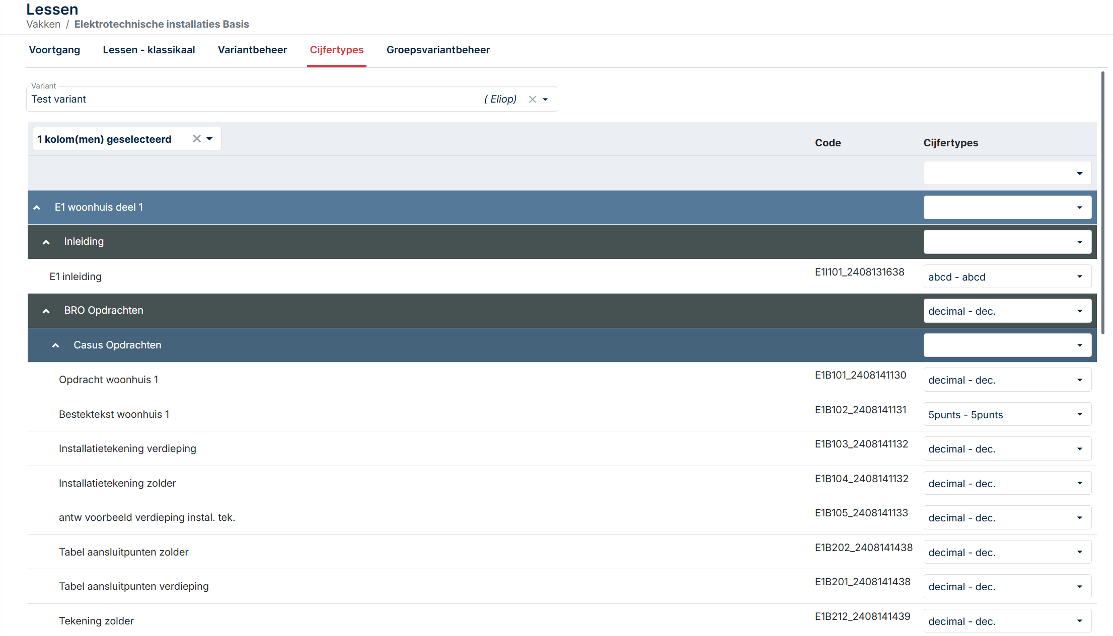 Scoring domain configuration inside a variant, showing decimal, AVG, ABC, P, and non-scoreable options